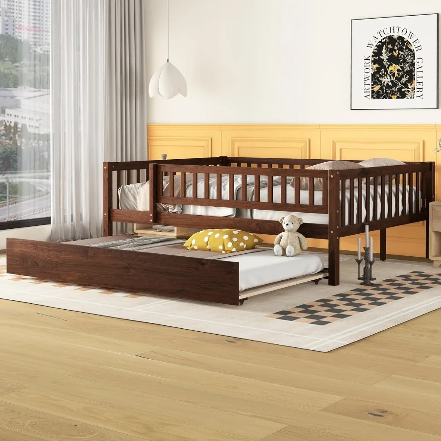 Full Size Daybed with Trundle Wood Full Platform Bed Frame with Rails No Box Spring Needed Easy Assembly for Bedroom or Guest R