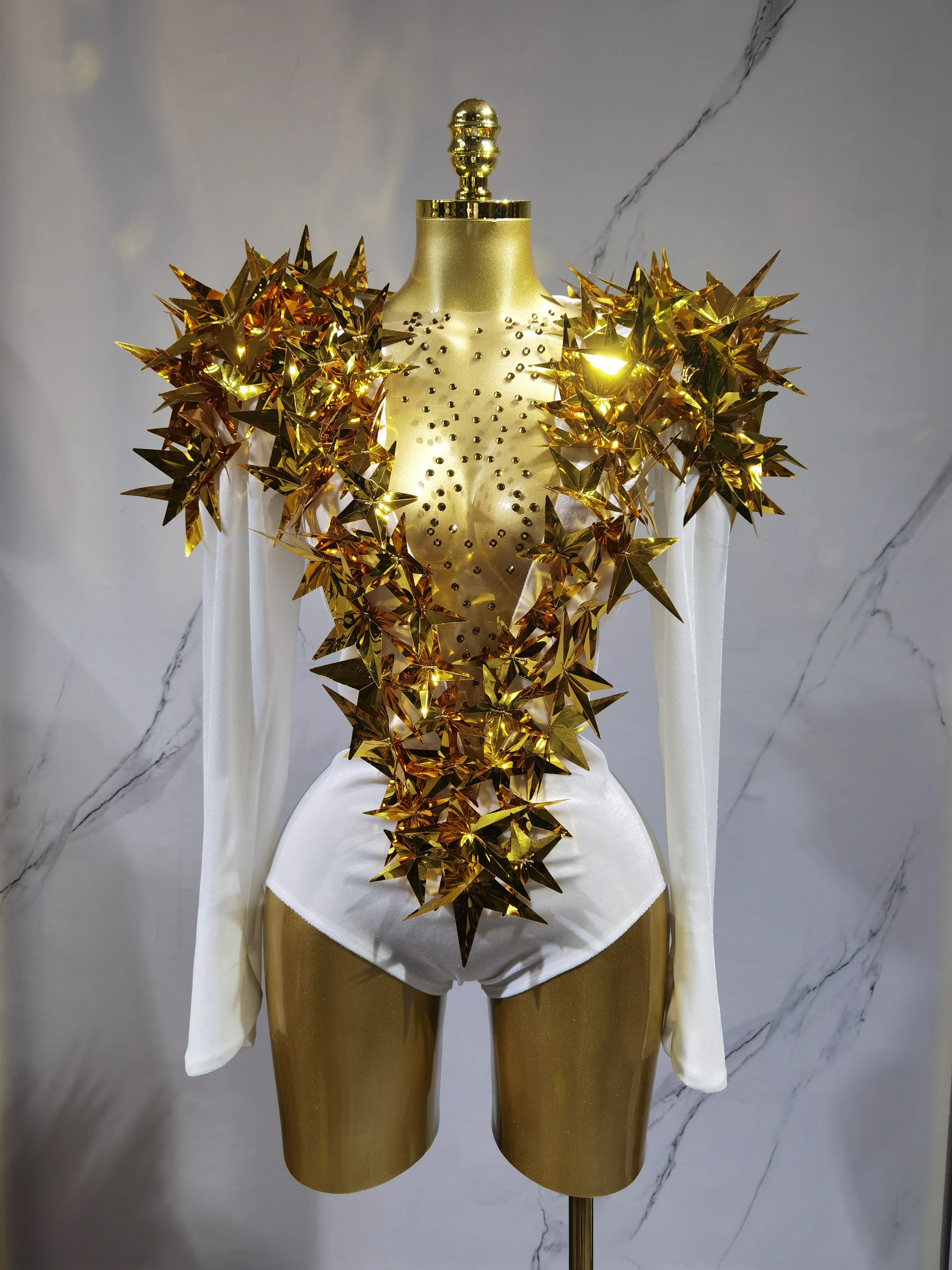 

2025 Women Shiny Gold Rhinestone Black Velvet Long Sleeve Bodysuit Evening Party ClubGala Hosts Night Club Bar Stage Costumes