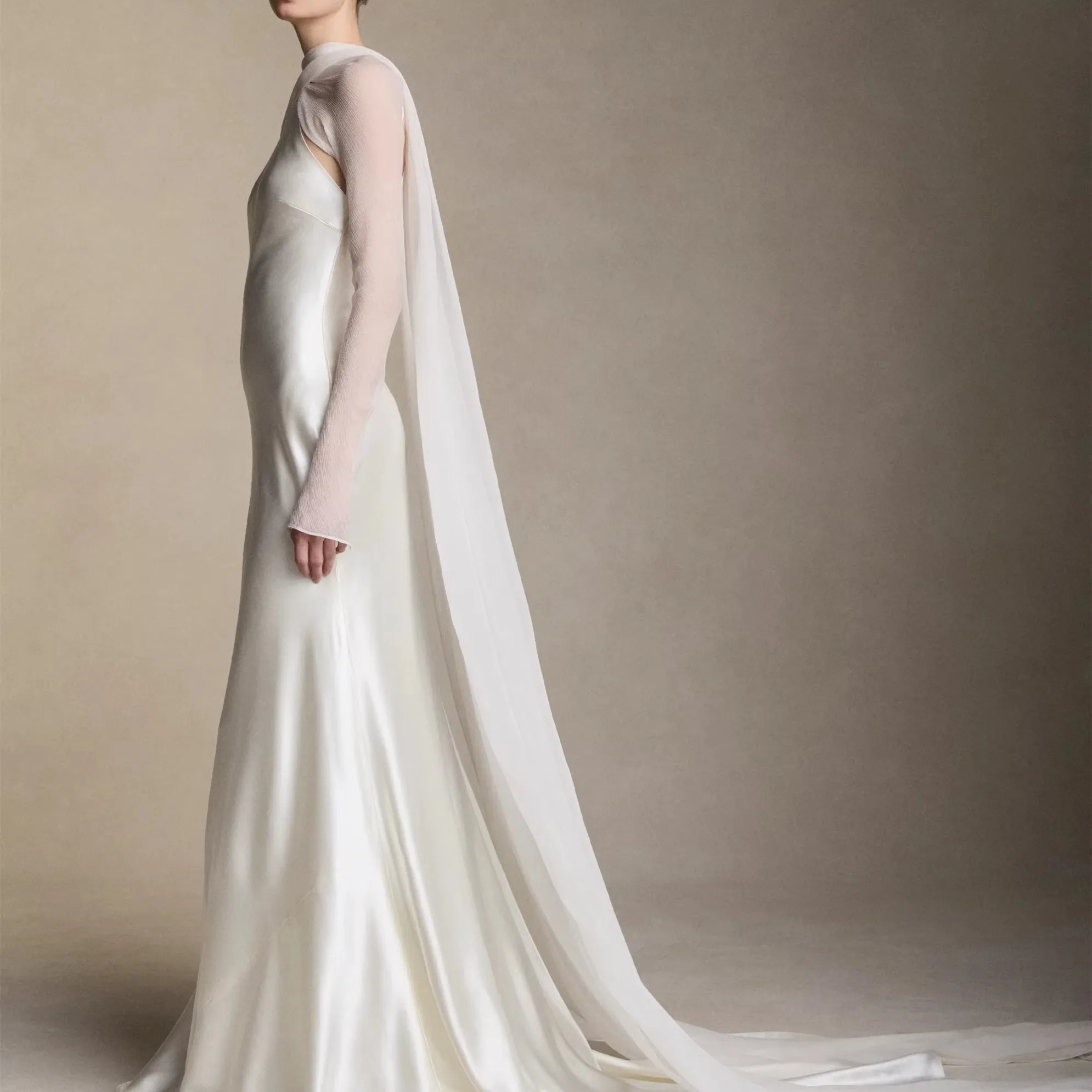 LOVE High Neck Long  Cape Sleeve Satin Mermaid Wedding Dress Simple Backless Chapel Train Bridal Gown Elegant Formal Wedding