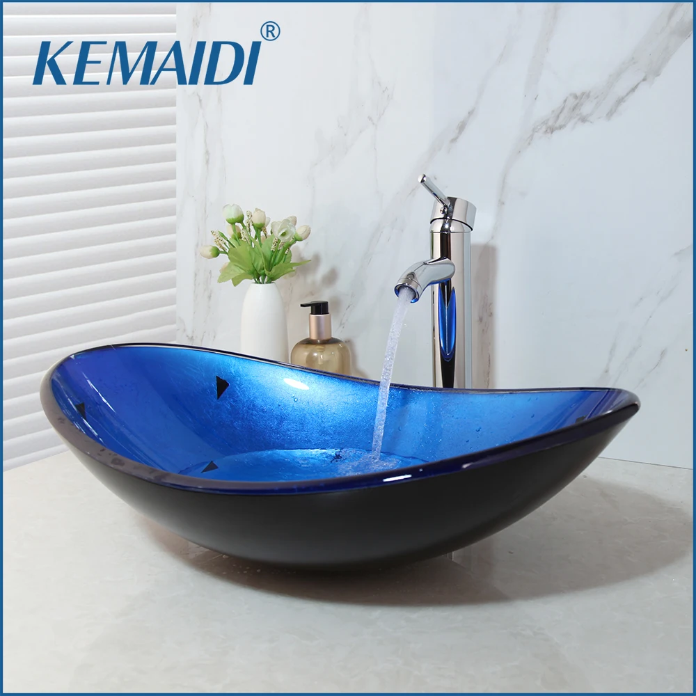 KEMAIDI Blue Tempered Glass Lavatory Bath Sink Set Torneira Cold Hot Mixer Faucet Combo Basin  Tap Bathroom Sink Washbasin Set