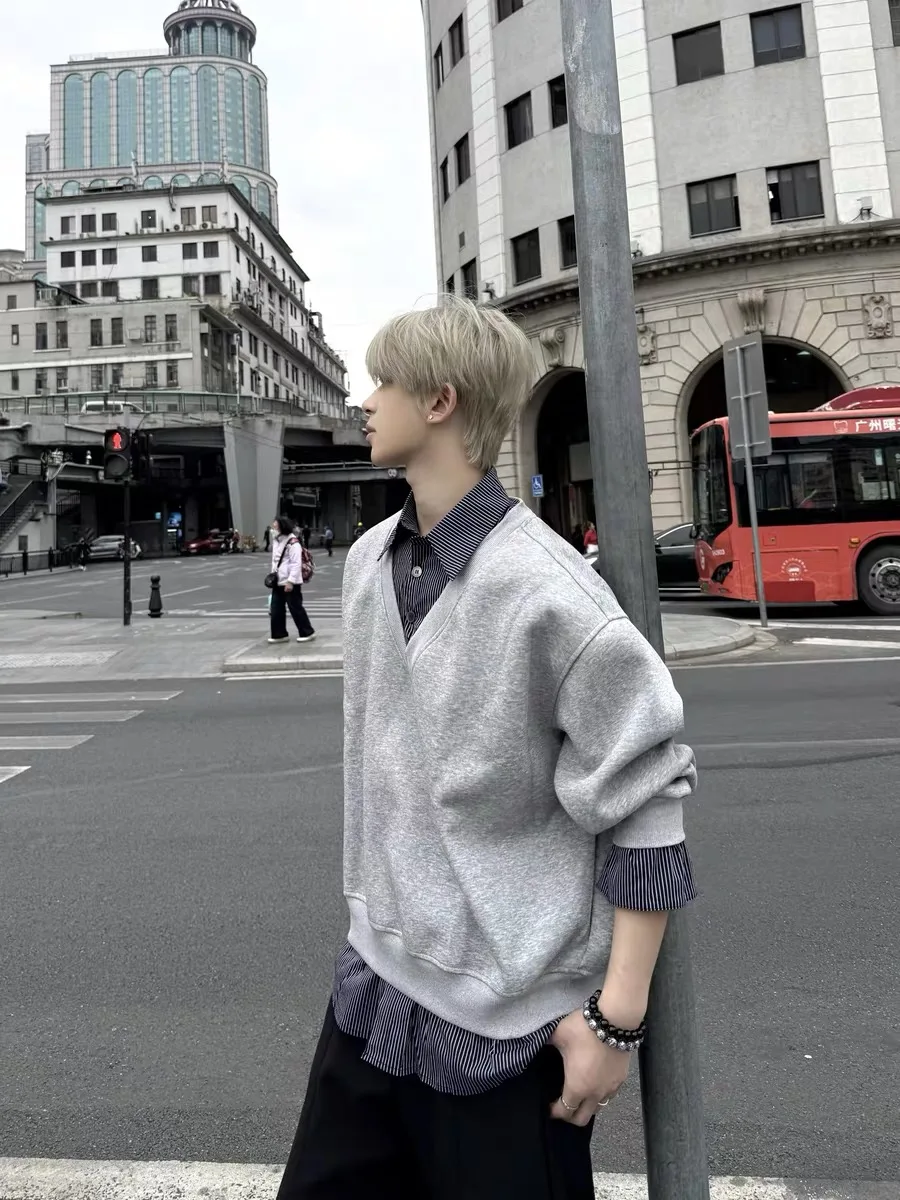 

American Retro Men's V-Ne Sweatirt irt Casual Layered Sle Autumn Winter Polyester Fiber Long Sve Warm Color