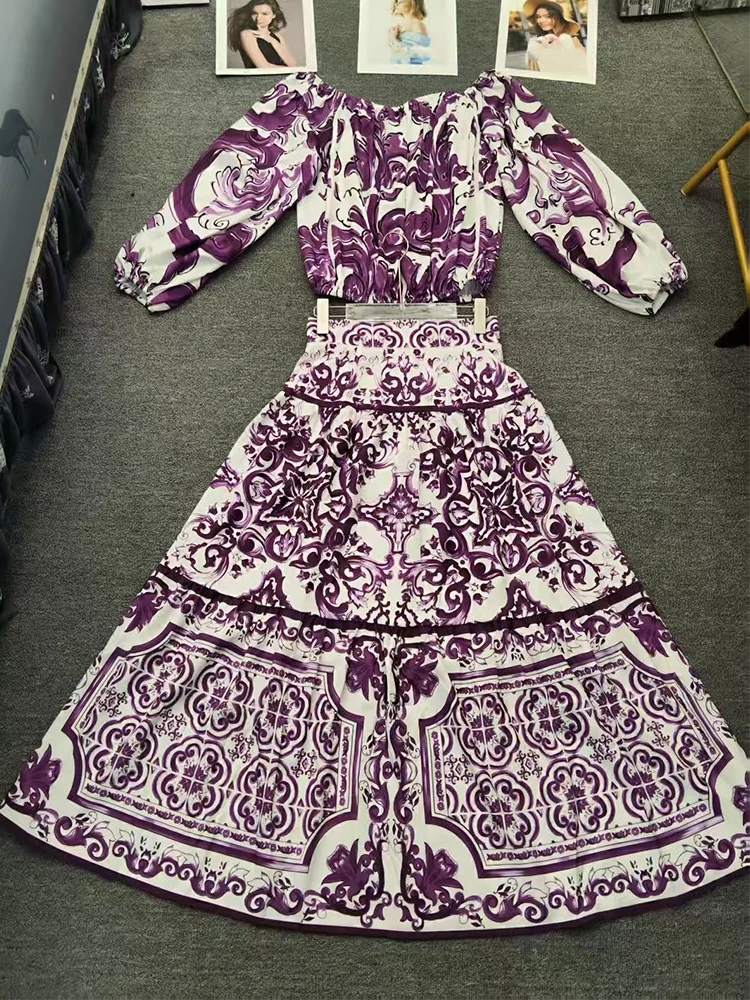 

Весна/лето 2024, новый односложный воротник, длинные рукава, короткий топ с принтом + высокая талия и большая юбка, темпераментный женский костюм из двух предметов