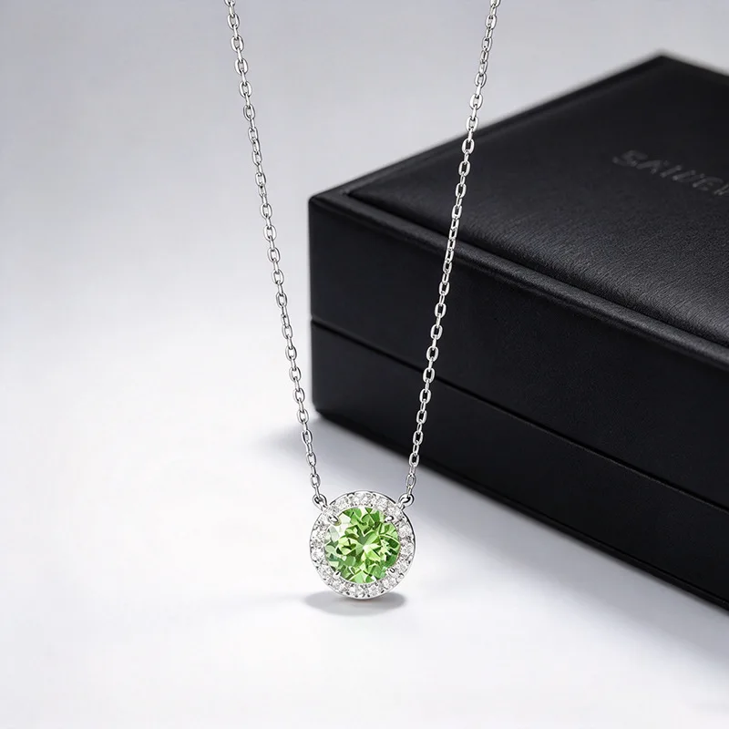 S925 Sterling Silver Necklace 7mm Round Lab Grown Green Gemstone Halo White Zircon Pendant Necklace Women Fine Jewelry Gift