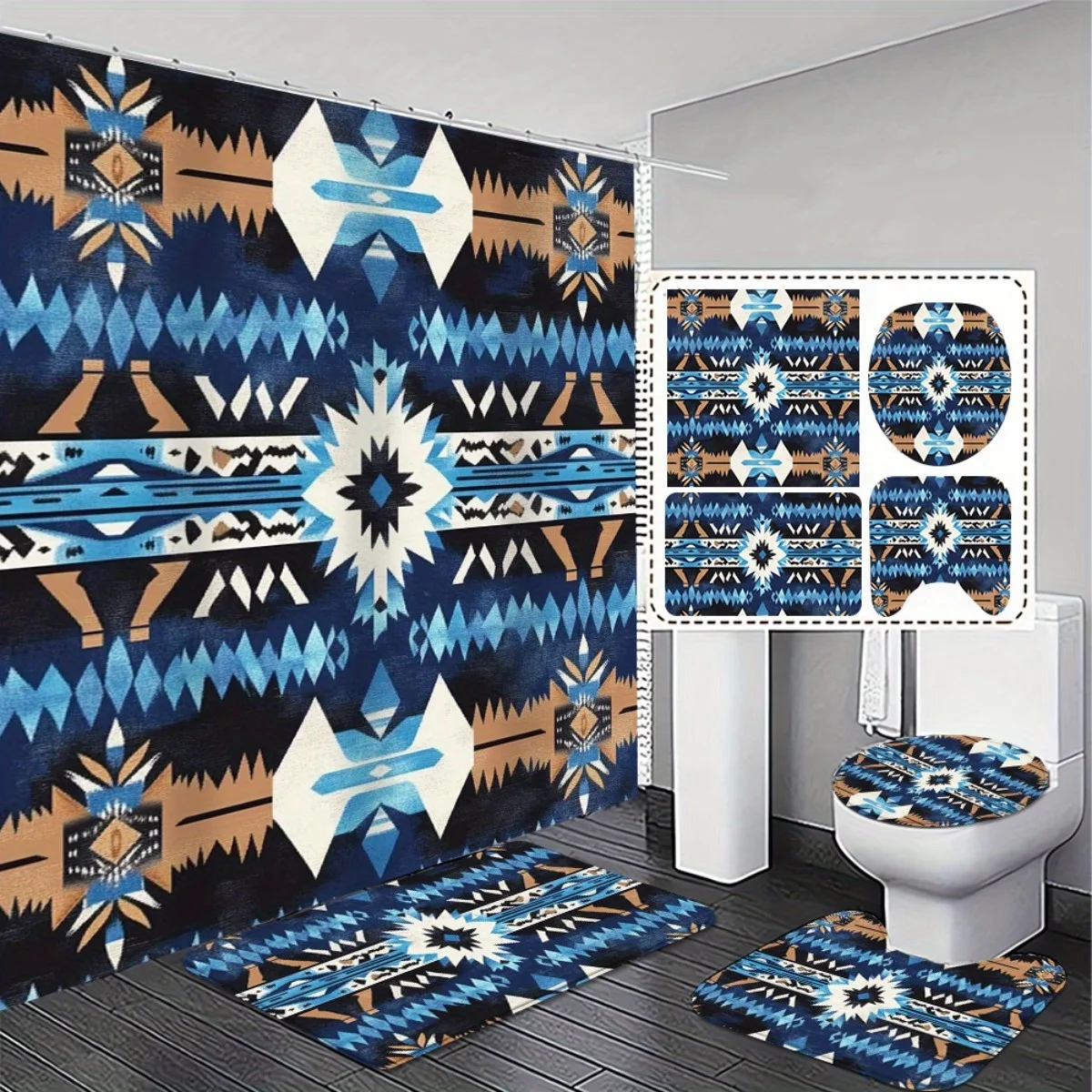 Home Toilet Bathroom Design - 2D Flat, 4pcs, Bohemian Style 2D