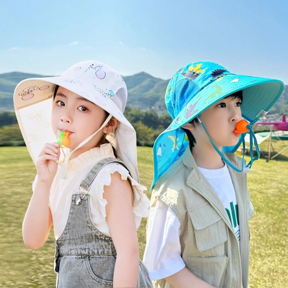 

New Cartoon Printed Fisherman Hat Anti-UV Wide Brim Beach Hat Neck Protection Mesh Bucket Hat Gift