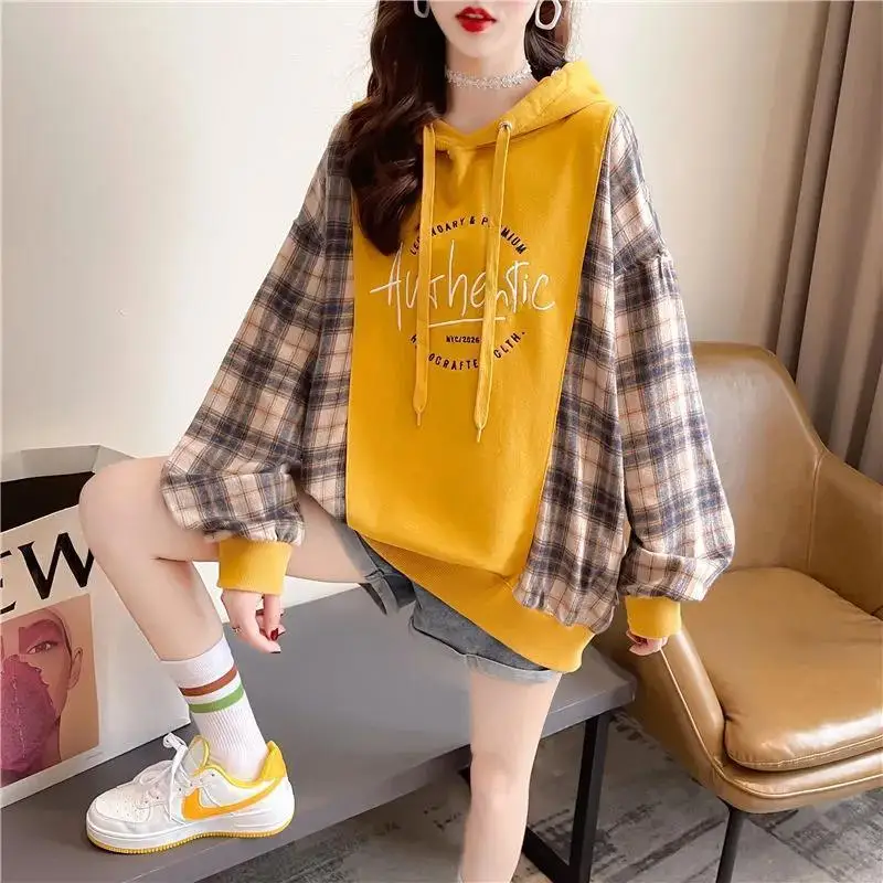 

Fashion Embroidery Hoodies Plaid Sweatshirts Female Clothing 2024 Spring New Loose Casual Tops Fake Two Pieces Sweatshirts