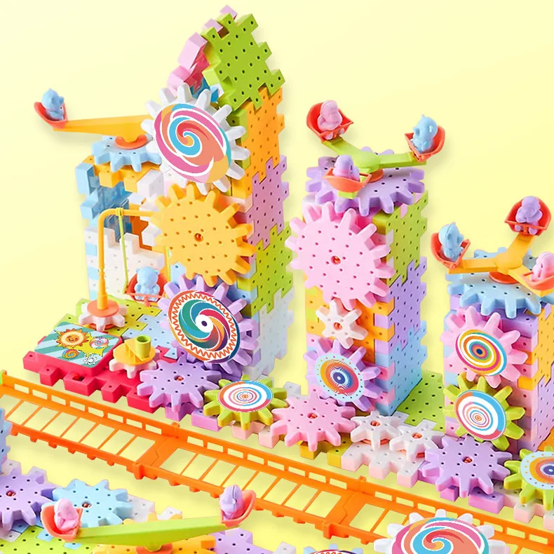 Montessori Kids Electric Gear Building Toy Set Spinning Gears Set Gear Rail Car Big Building STEM Construction Christmas Toy