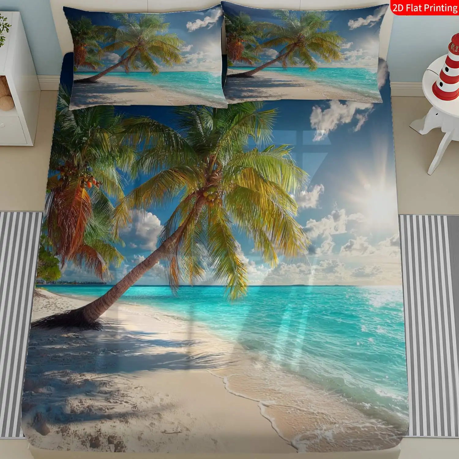 3-Piece Mattress Protector Set, Tropical Beach Themed Bedding with Turquoise, White Palm Trees, and Ocean Prints, Includes Fitted Sheet and Pillowcases. Machine Washable Bed Cover, 2D Flat Print Mattress Protector, Stain-Resistant, Cozy, Mattress Cover Suitable for All Seasons, Easy to Care For, Suitable for Home Bedrooms, Essential for Dorms and Rentals, Master Bedroom and Guest Room Decoration, Dust-Proof and Stain-Resistant, High Elasticity, Fits Various Sizes