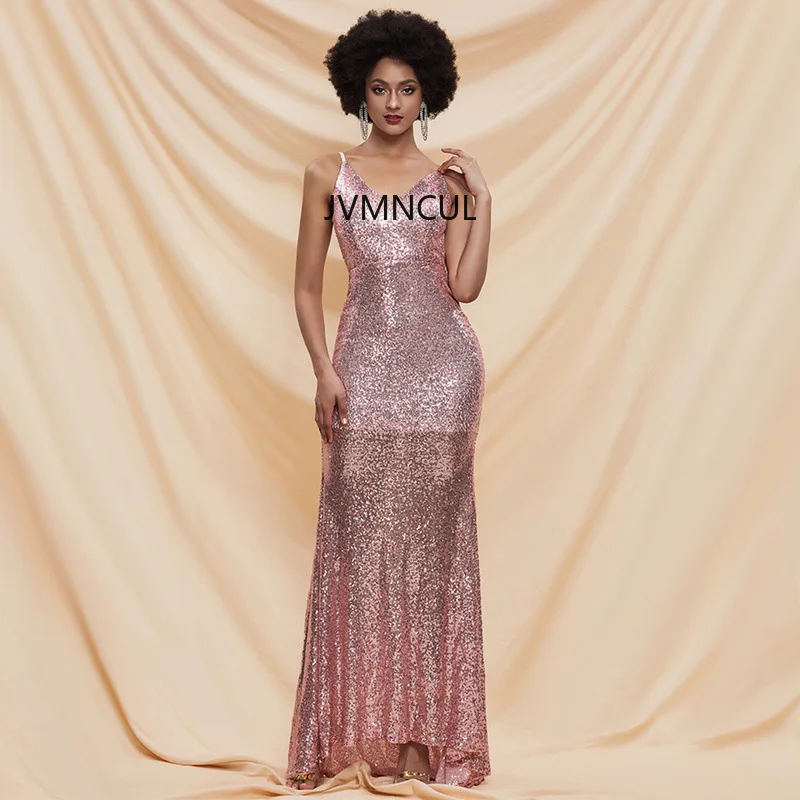 2025 Vestido de noche sin espalda de nuevo estilo con lazo y lentejuelas brillantes, vestido de noche sin mangas con cola halter para mujer en stock