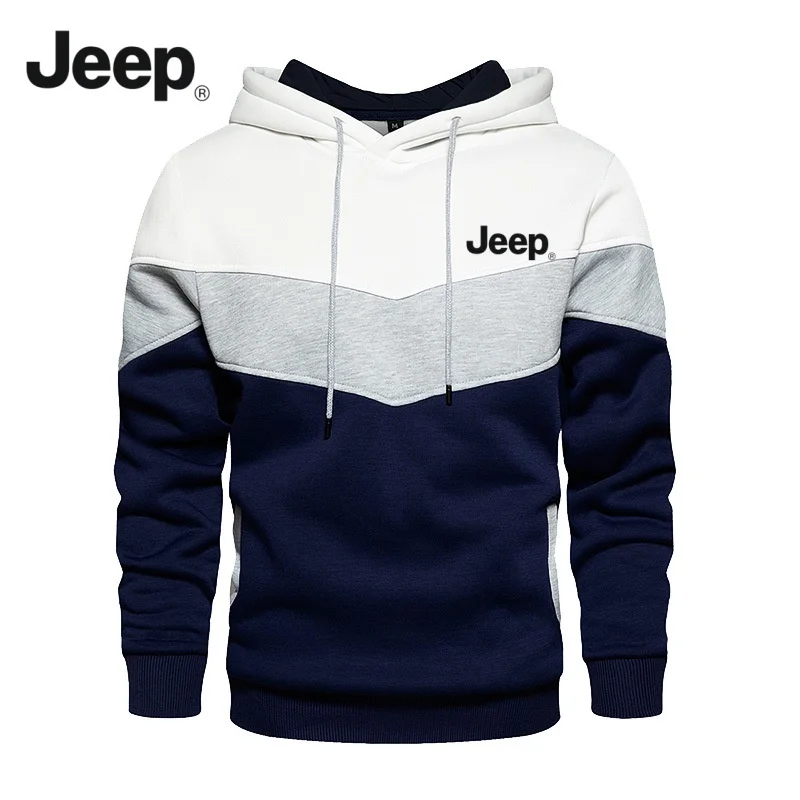 Men's JEEP color-block hooded sweatshirt with casual fleece lining,pullover design with drawstringSuitable for autumn and winter