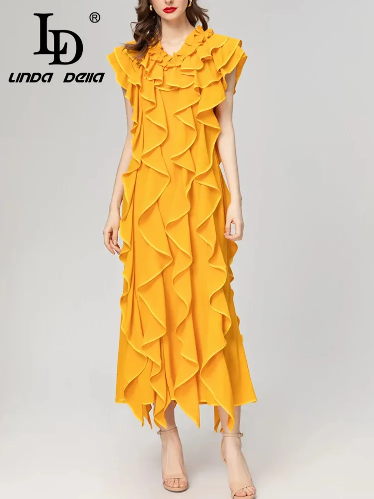 

LD LINDA DELLA Summer Fashion Designer Pretty Dresses Women's Yellow Mint leaf collar Irregularity Cascading Draped Long Dress