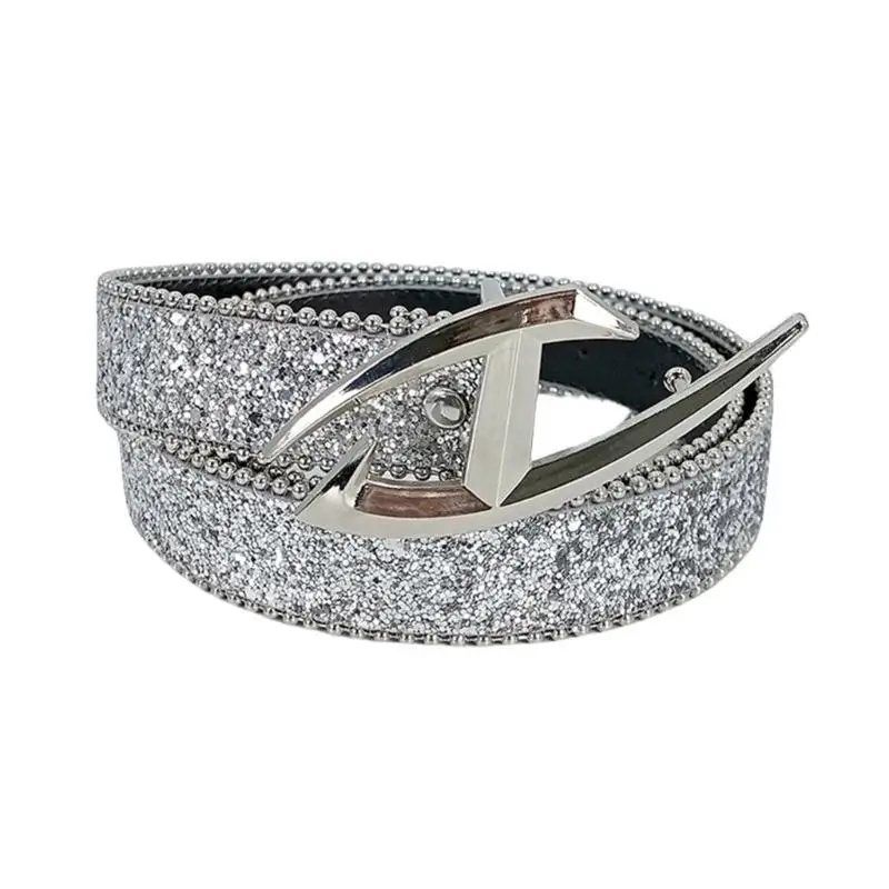 

A52E Metal Moon/Letter Buckle Belt for Women Girl Sequined Pants Belt Bead Trim Belt for Shorts Dress Fashion Waist Accessory