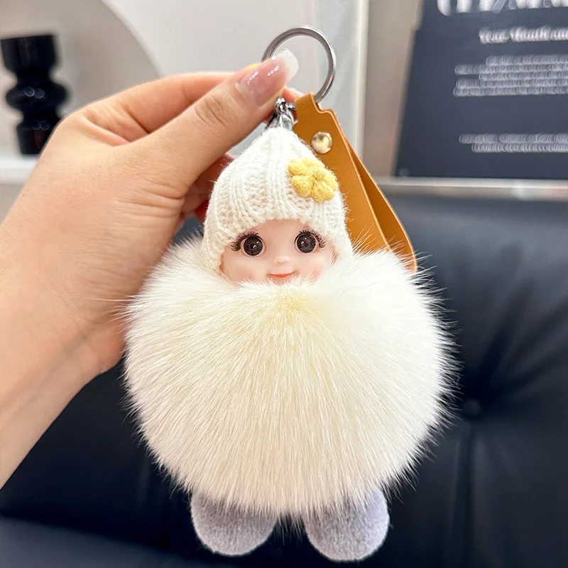 Cute Natural Fox Fur Keychain Fluffy Sleepy Doll Keychain For Women Bag Car Key Chain Kawaii Key Ring Bag Charms Pendant Gift