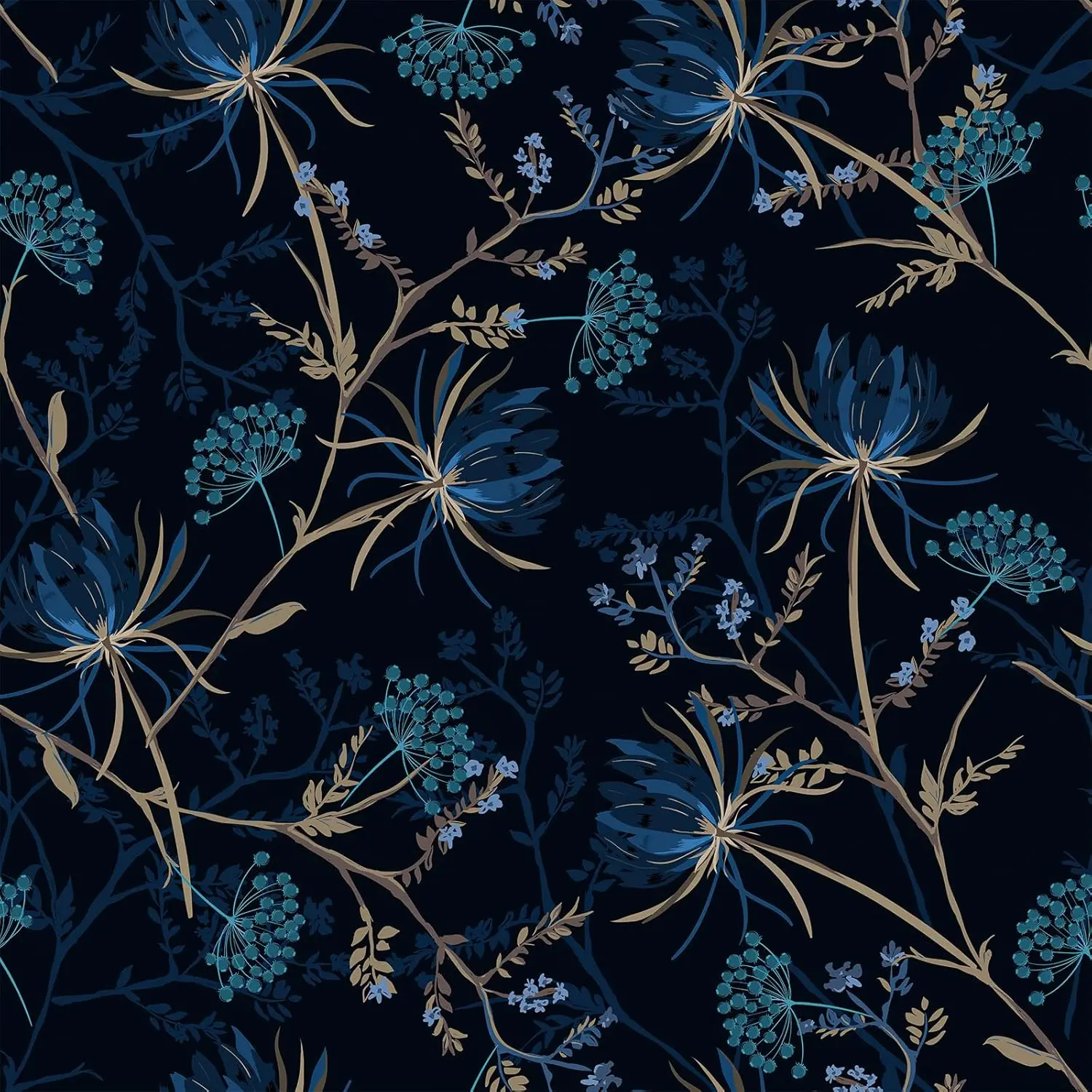 Dark Dandelion Floral Peel and Stick Wallpaper Vintage Blue Botanical Self Adhesive Wallpaper Removable Contact Paper for Walls
