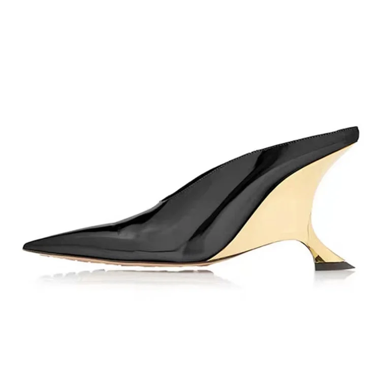 Zapatillas de tacón de cuña con punta puntiaguda de estilo original, de charol negro, plateado y dorado, estilo pasarela, para mujer, verano 2026, hechas a mano, de corte bajo