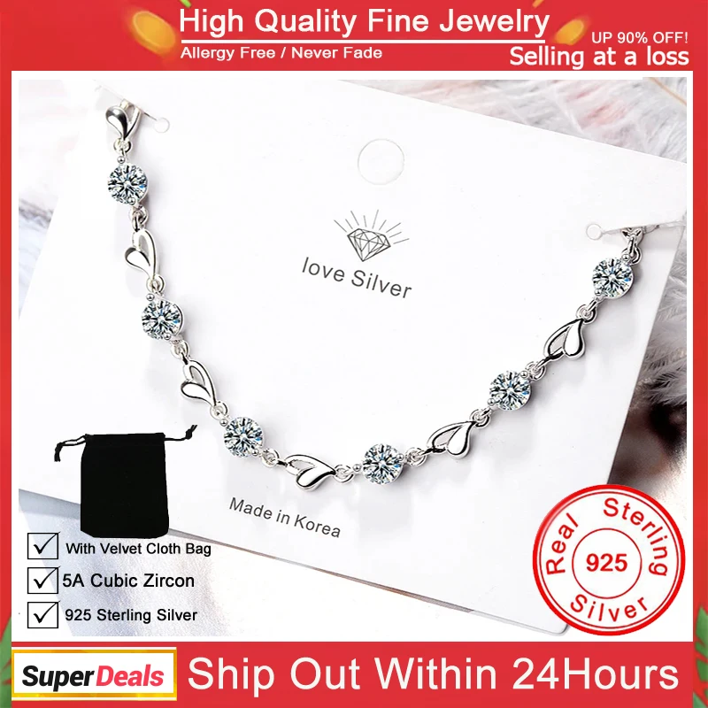 

100% Original 925 Silver Love Heart Bracelets For Women Luxury Natural Cubic Zirconia Bracelets Wedding Accessories Gift Jewelry