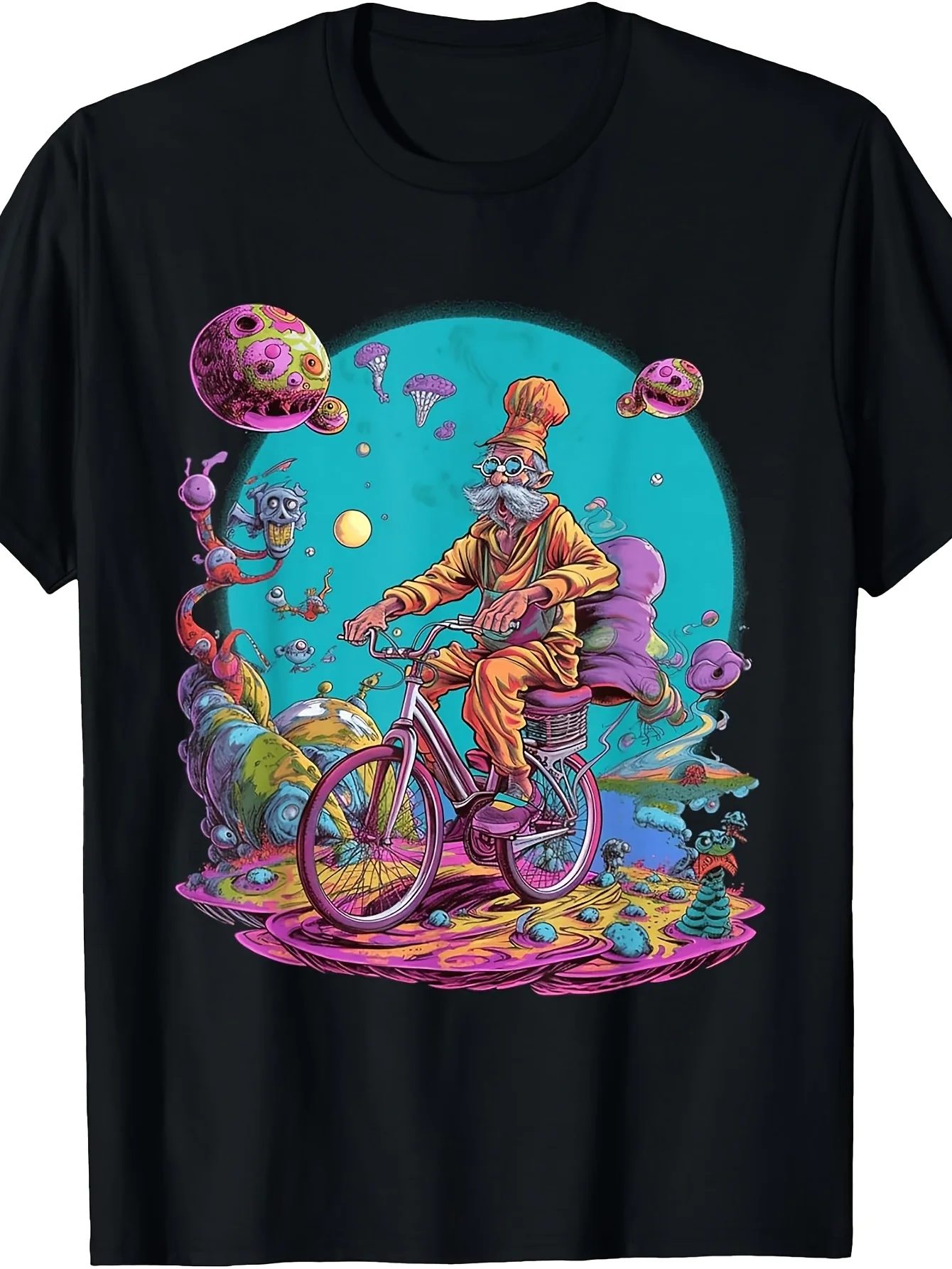 Hofmann Trip Psychedelic Comic Style Hippie T-Shirt Black, Crew Neck, Regular Fit, Slight Stretch Fabric, Geometric Pattern, Casual Style, Perfect for Men