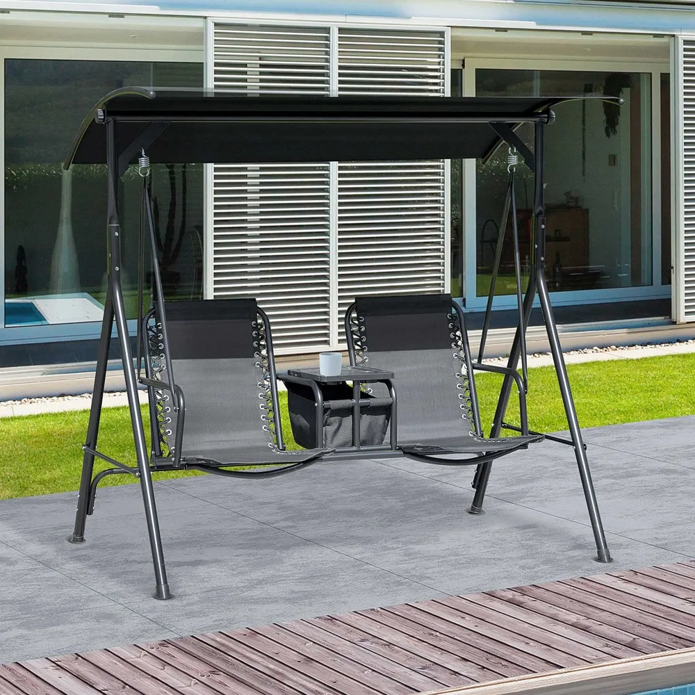 2024 New 2-Seat Patio Swing Chair, Outdoor Canopy Swing Glider with Pivot Storage Table, Cup Holder, Adjustable Shade