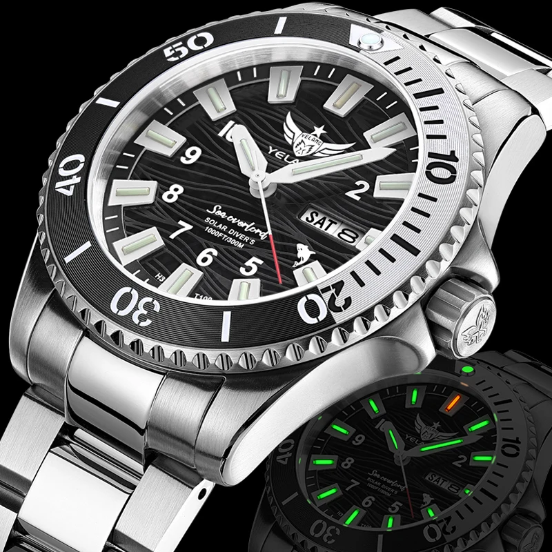 Yelang 42MM V1217 300m Diving Solar Watch Japan VS43 Movement Luminous Water Ghost Waterproof Sapphire Aluminum Bezel Reloj