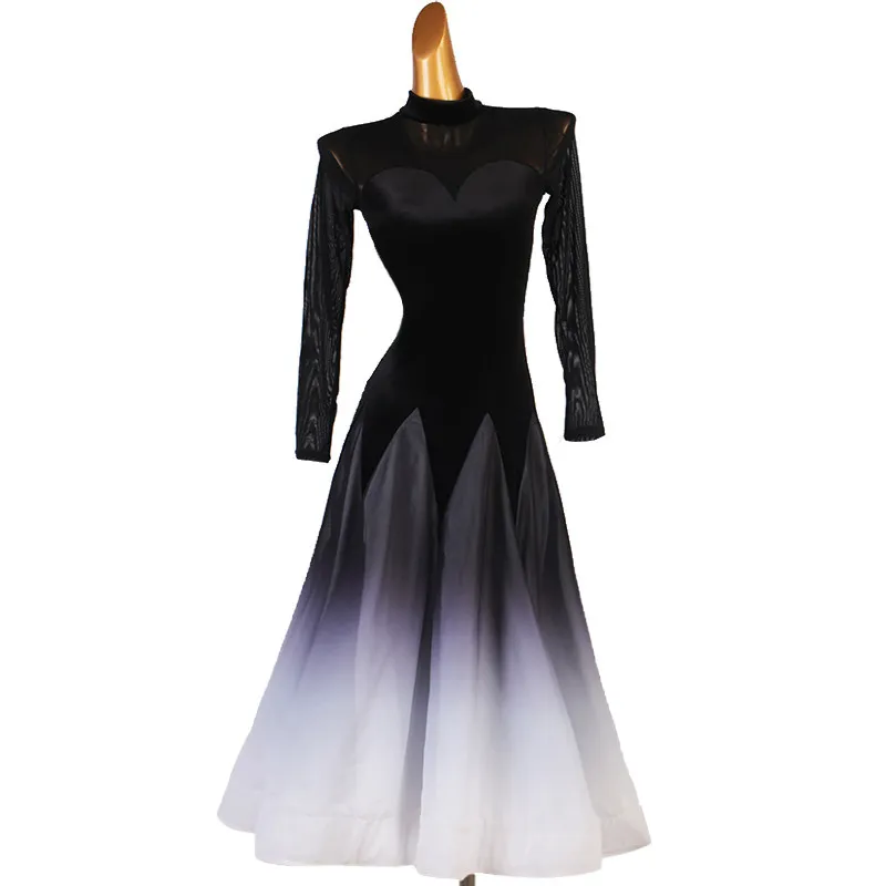 High neck mesh long sleeve big swing dance dress with heart‑shaped chest and black‑white gradient spliced skirt,suitable for bal