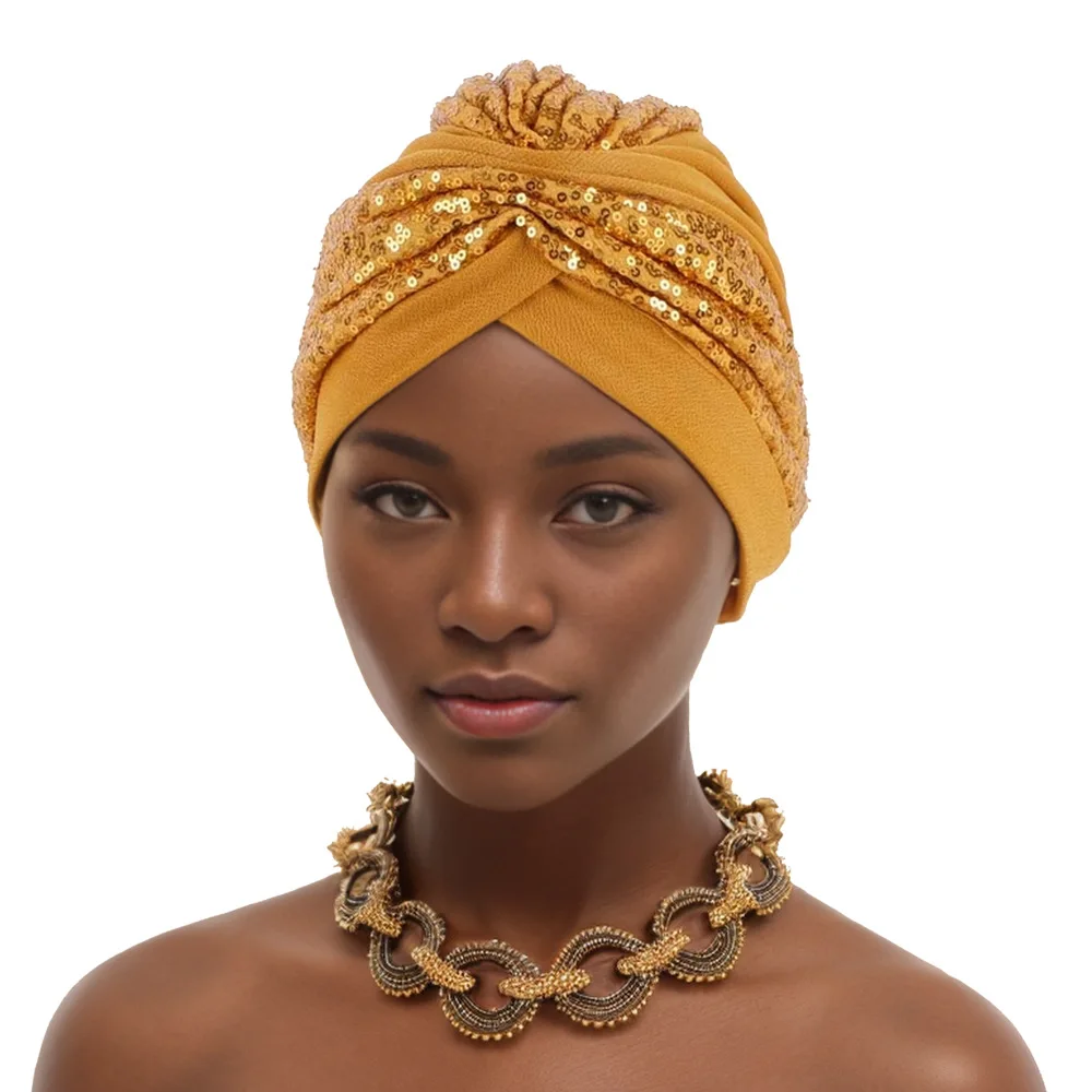 Glitter Sequins Ruffle Turban Cap Elegant Women Headscarf Bonnet Female Head Wraps Nigeria Wedding Party Headgear Headpiece