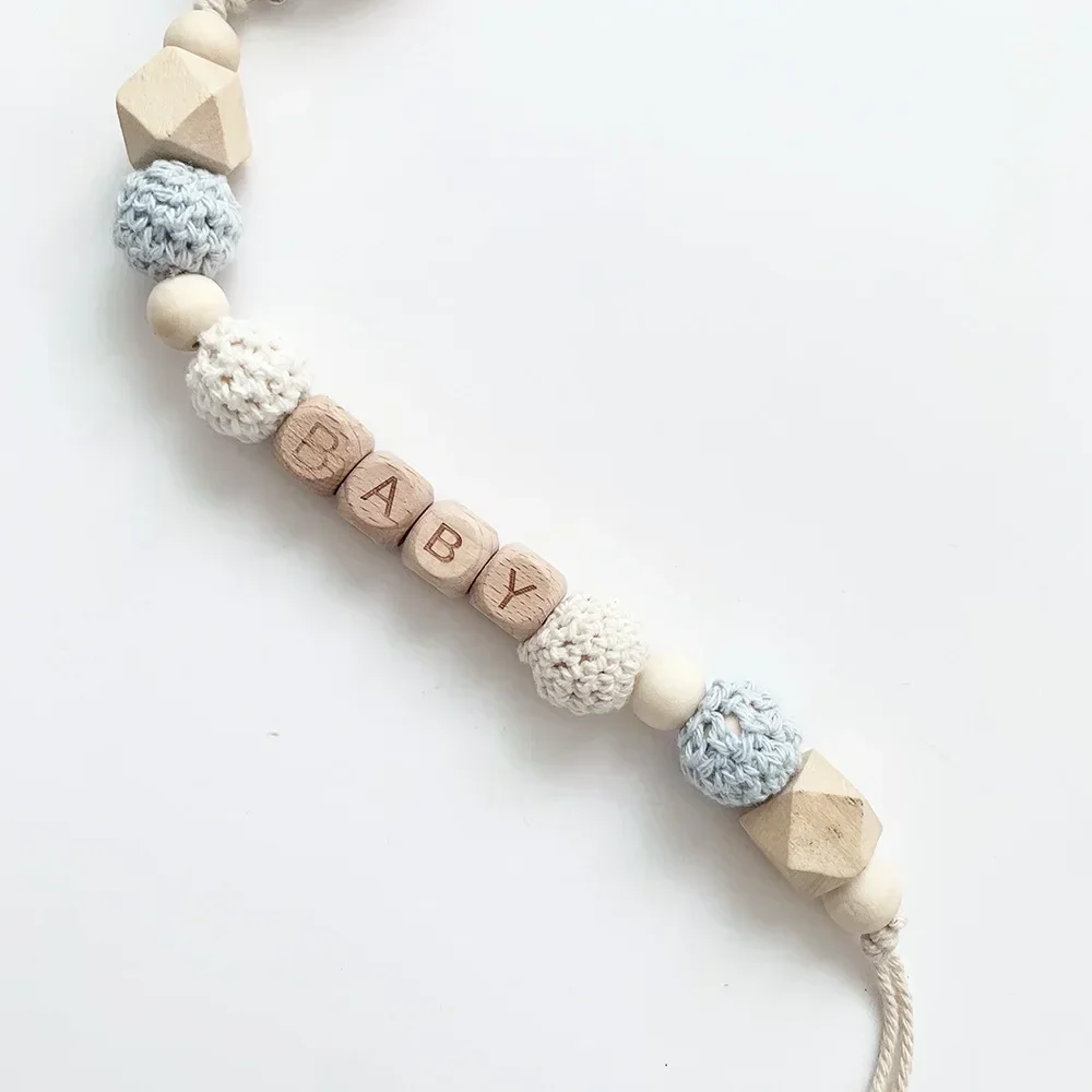 INS Baby DIY Personalized Name Pacifier Clips Chain Wood Crochet Silicone Beads Newborn Dummy Nipple Holder Clip Teething Toys