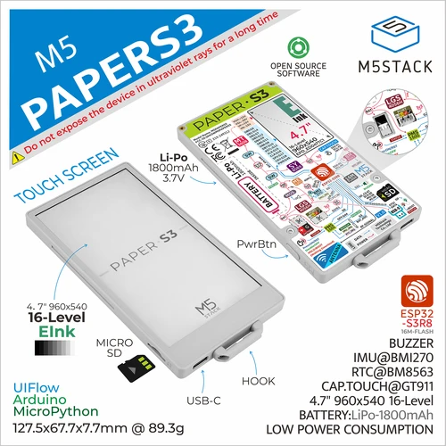 Kit de desarrollo oficial M5Stack M5Papers3 ESP32S3 (960X540, pantalla elnk de 4,7"", 235 ppi)