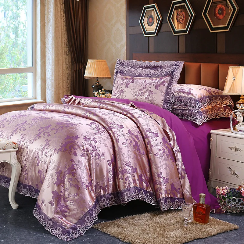 4 Pieces Silver Brown Luxury Satin Cotton Lace Bedding sets Double Queen King size bedding duvet cover bed sheet set Pillowcases