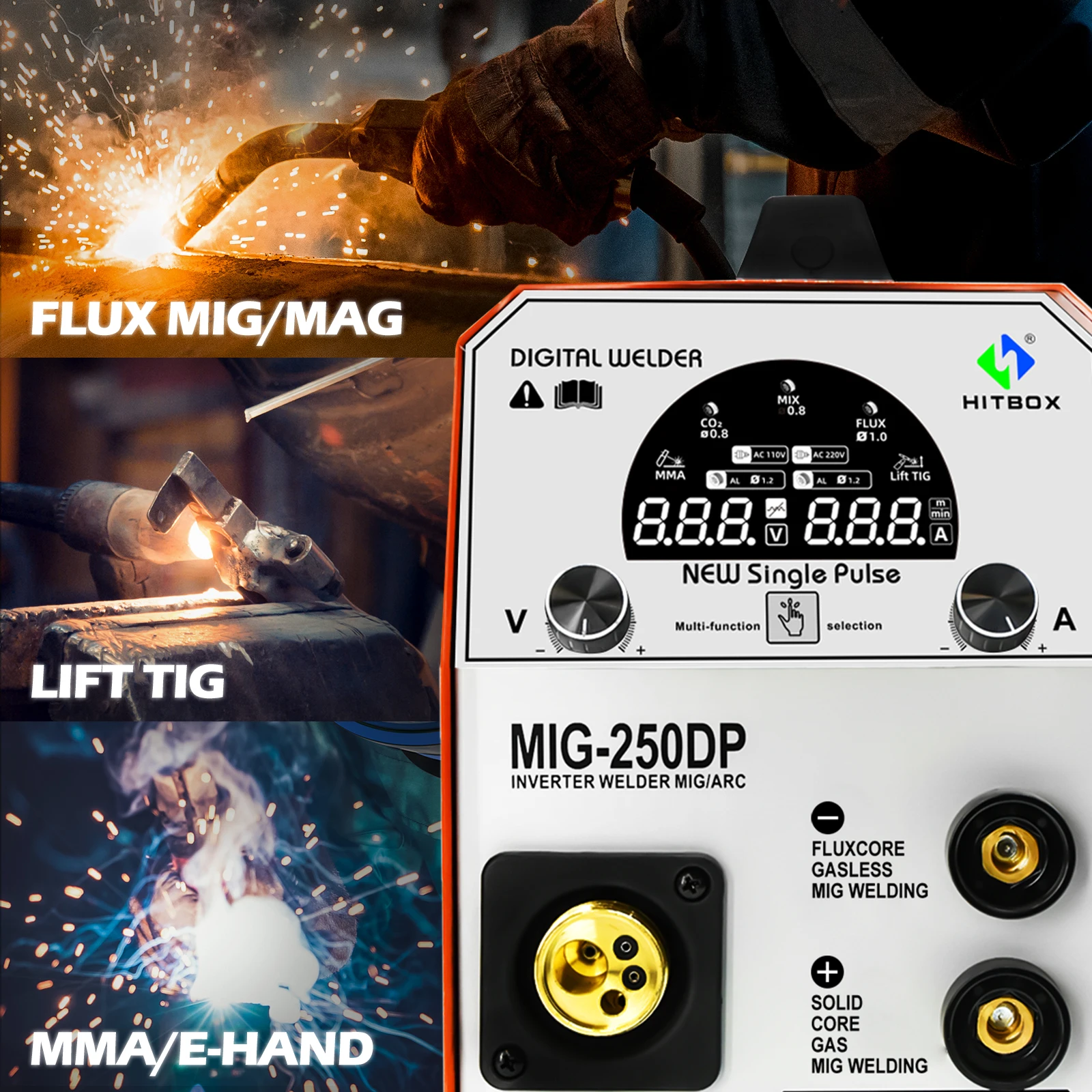 HITBOX Aluminium Welder MIG250DP 5 in 1 MIG CO2 MIX Gas Gasless Lift TIG MMA ARC Inverter Welding Machine Digital Display