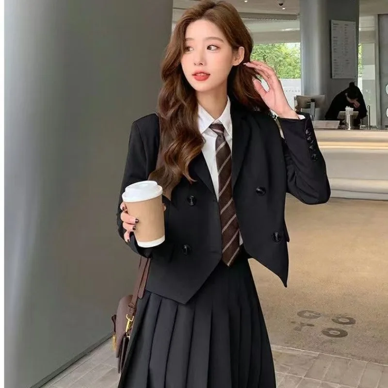 College Blazer Dress Sets Female Spring Autumn New Short Blazer Long Skirt Black Design Streetwear Student Sets Jacket Women