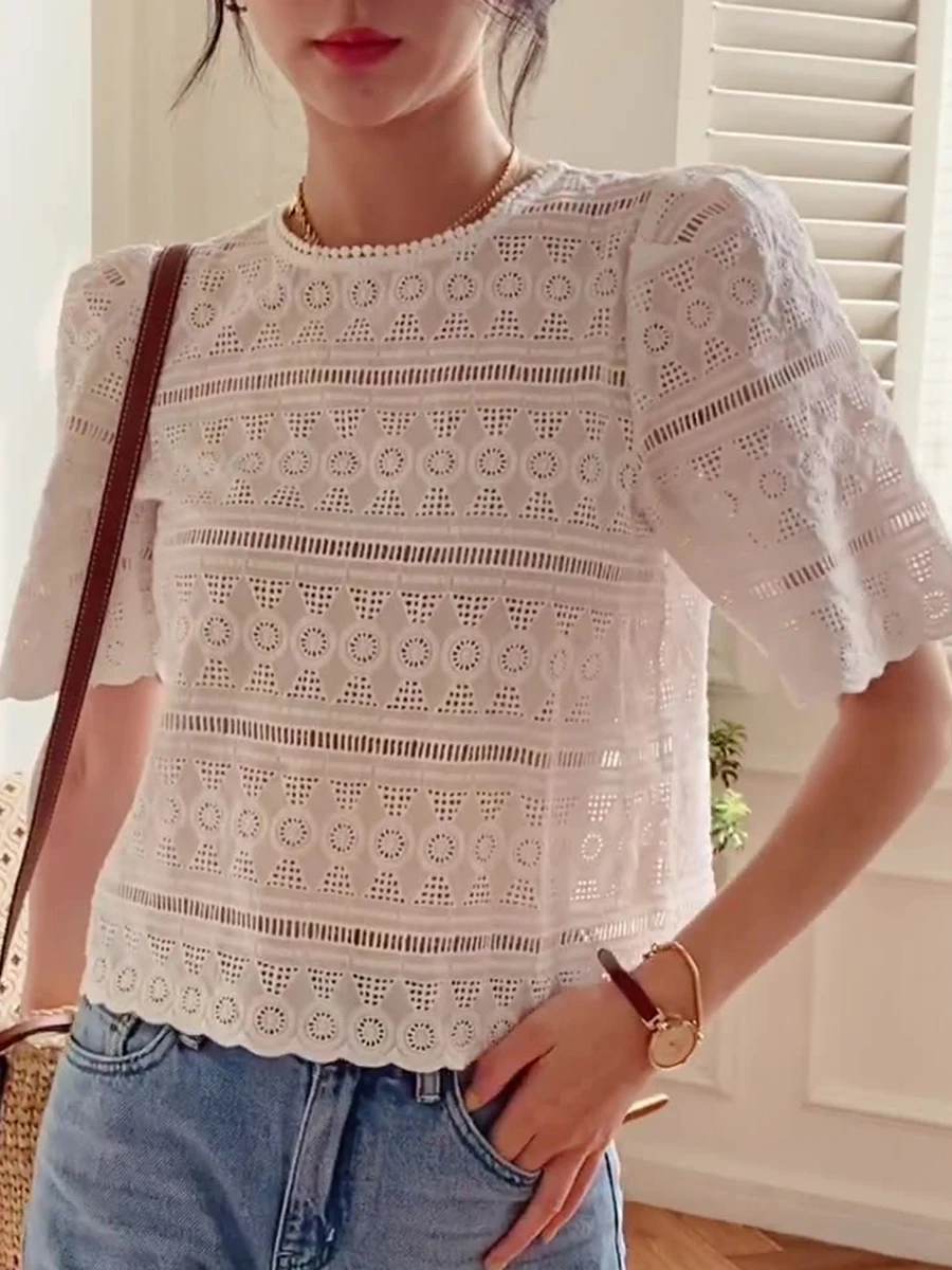 

French Embroidery Hollow Out Women Shirts Round Neck Short Sleeve Button Lace Female Blouse Casual Elegant Ladies Shirt Summer