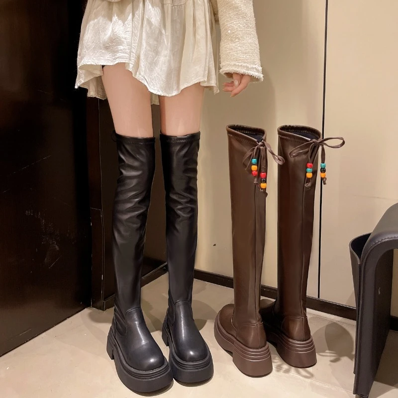 

Модные женские сапоги выше колена на толстой подошве в уличном стиле, зимние лаконичные женские высокие сапоги на среднем каблуке, Botas De Mujer