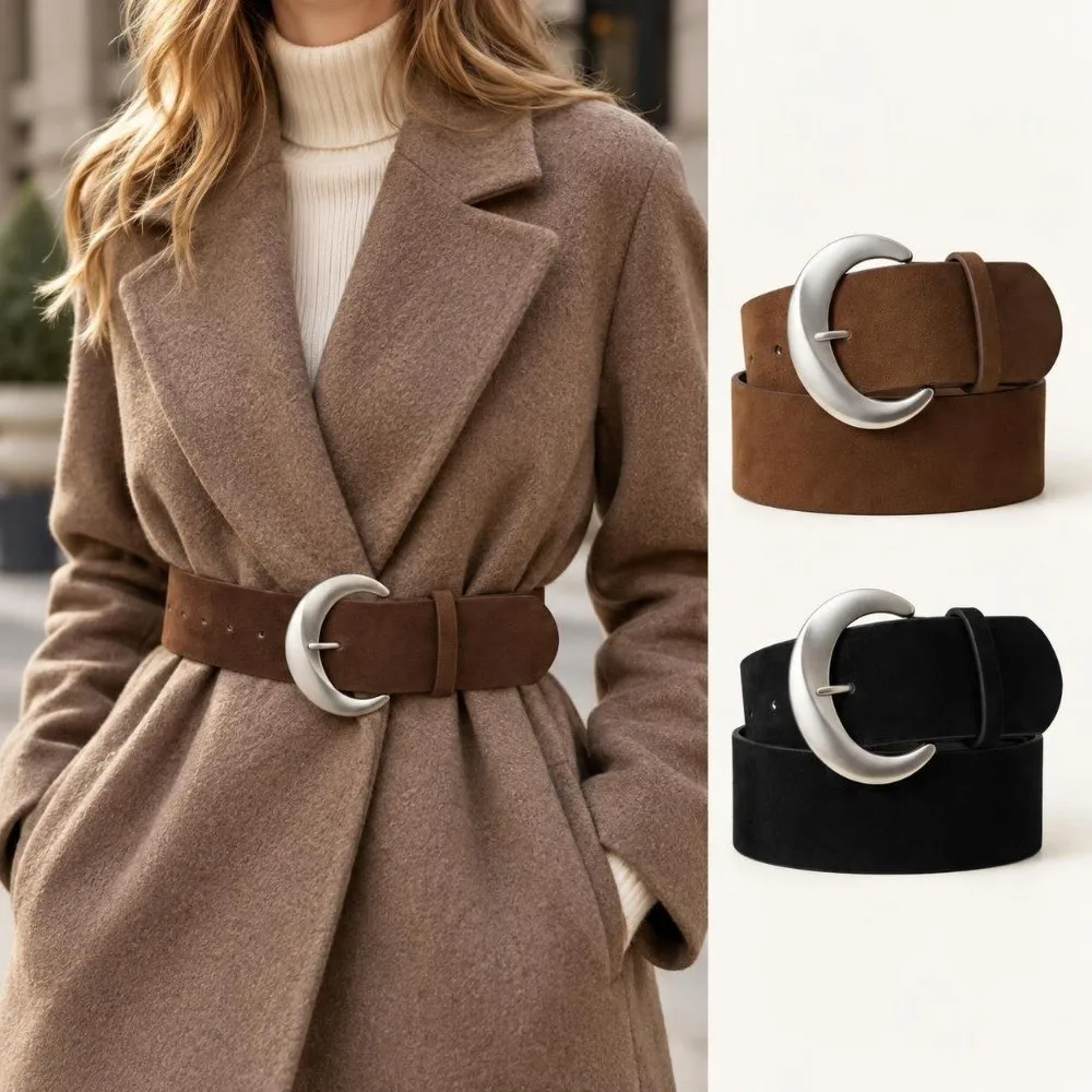 Vintage Suede Suede Waist Belt Crescent Buckle Wide Decorative Belt Minimalist Retro Wide Waistband For Women