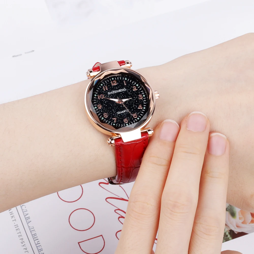 2022 Fashion Stars Women Watch Luminous Charming Little Point Watch Leather Strap Luxury Women's Clock relogio feminino