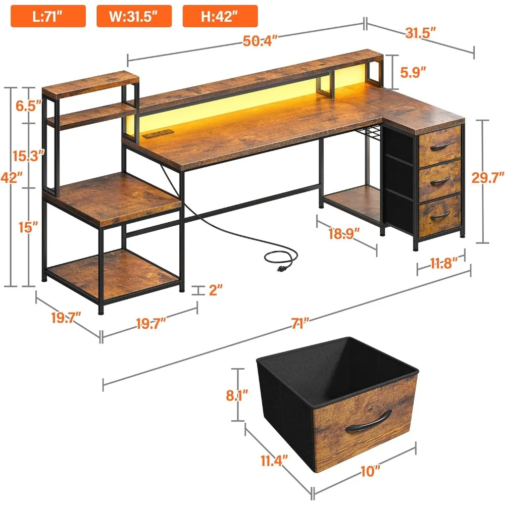 

71 L-shaped computer desk with 3 drawers and handles, reversible gaming desk with LED lights and power sockets, home office desk