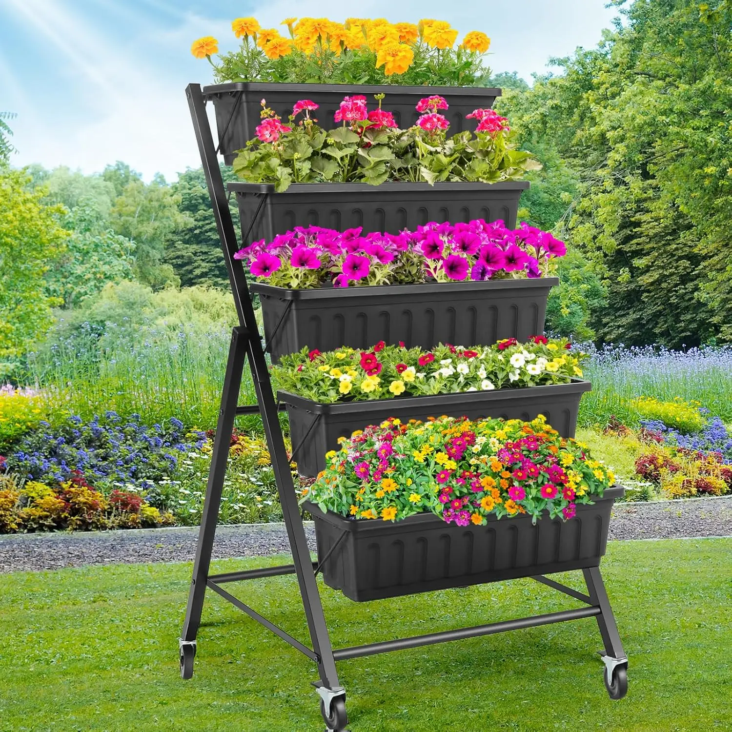 Indoor Plant Growing: Black 5 - Tier Elevated Bed with Lockable Casters
