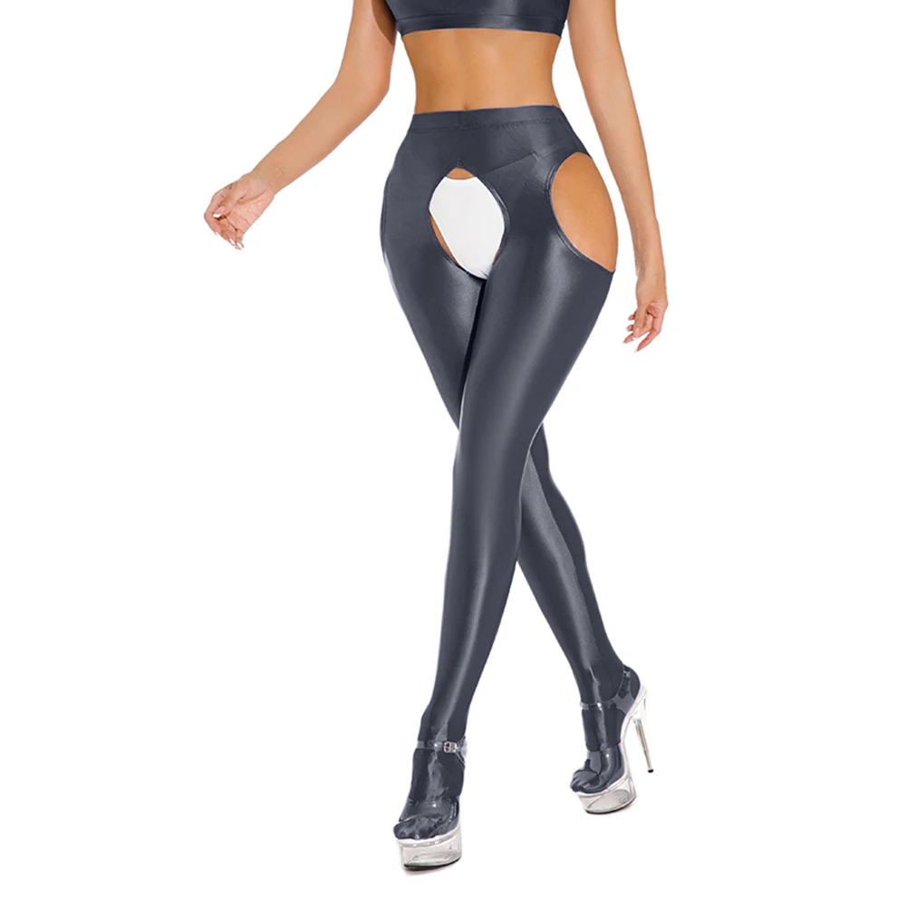 Women's Shiny See Through Open Crotch Leggings Skinny Dance Yoga Sports Pants Super Thin Pantyhose Solid Color
