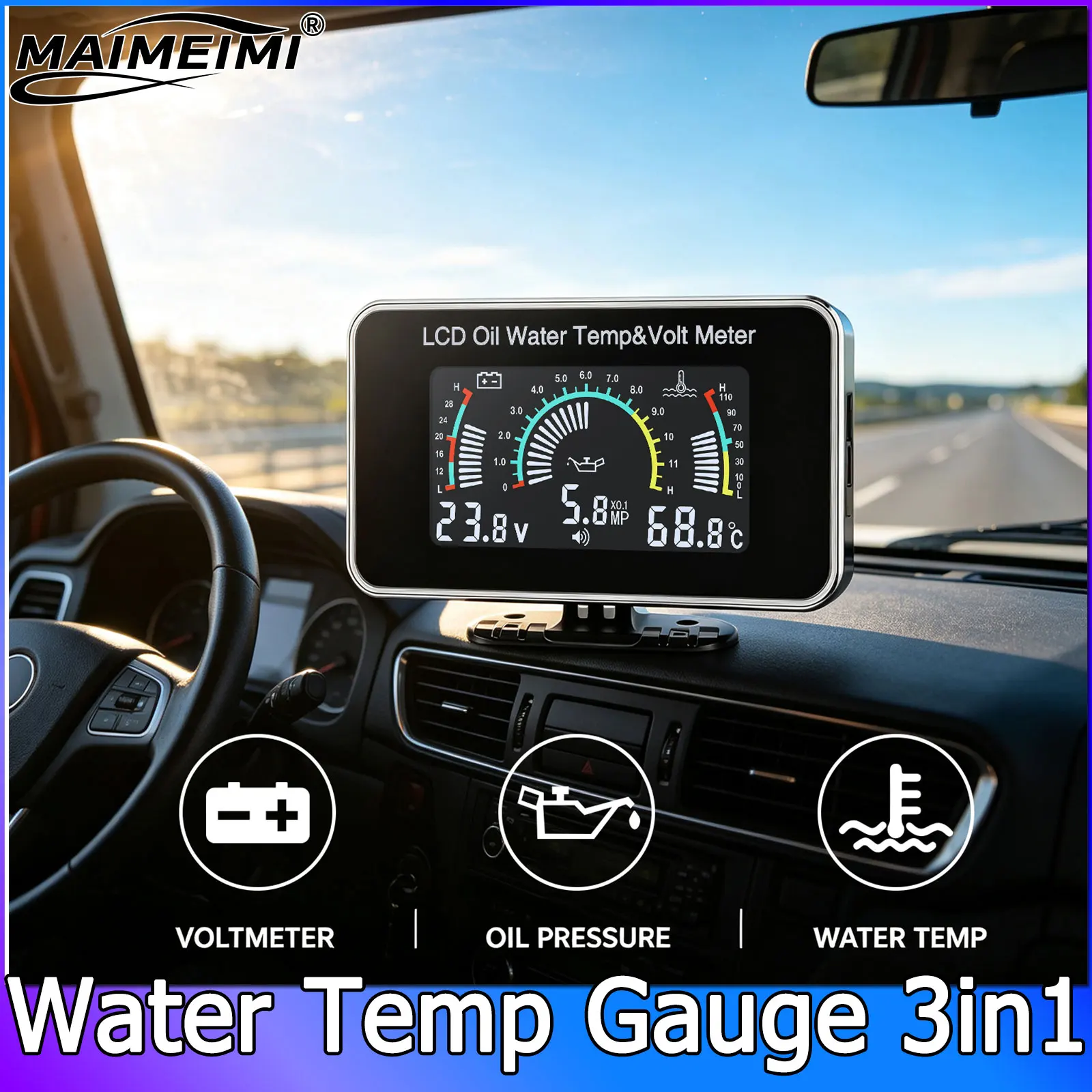 3 In 1 Car Water Temp Meter + Sensor 10mm Oil Press + Voltage Auto Digital Gauge LCD Display Meter With 1/8 NPT Sensor 12V 24V