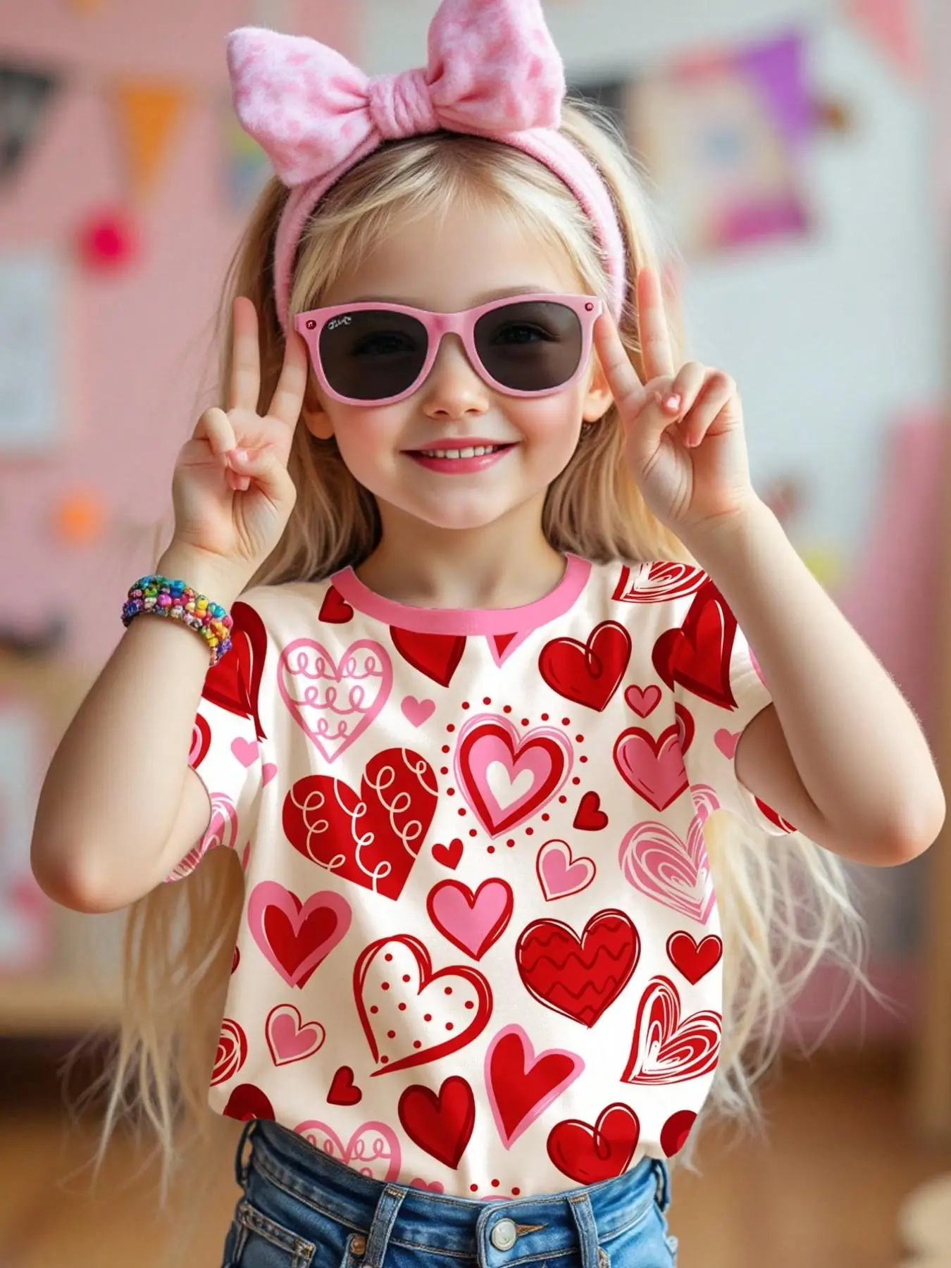 Girls' Summer Short-Sleeved T-Shirts with Heart Prints in Various Colors, Suitable for Girls Aged 5-13, Comfortable for Home and Leisure, Versatile and Fashionable Clothes for Going Out