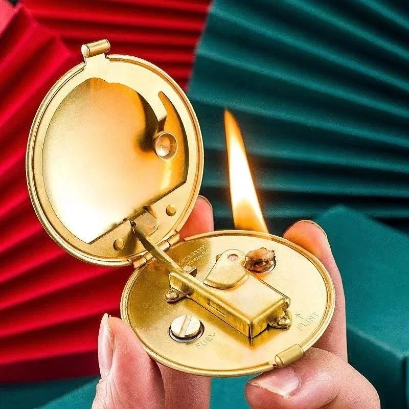 Handmade Brass 1935 Compact Circular Semi-automatic Antique High-end Lighter Mechanical Gas oline Pressed Powder Lighter