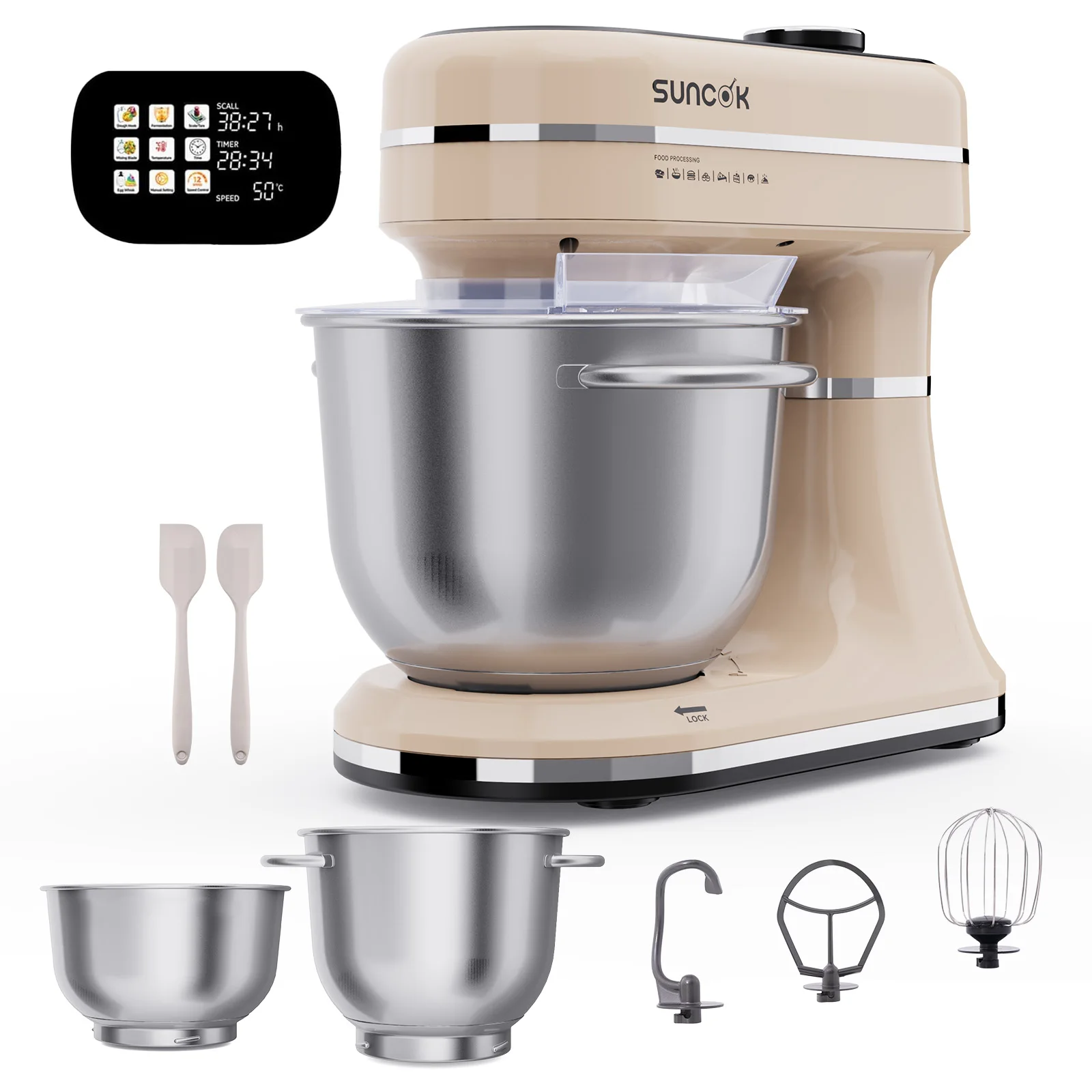 Planetaire keukenmixer 1500W – Touchscreen & Pulse-versie | Multifunctionele voedselrobot, 2 roestvrijstalen kommen 4,5+5,5 L, weegschaal + timer, fermentatie-/verwarmingsfunctie