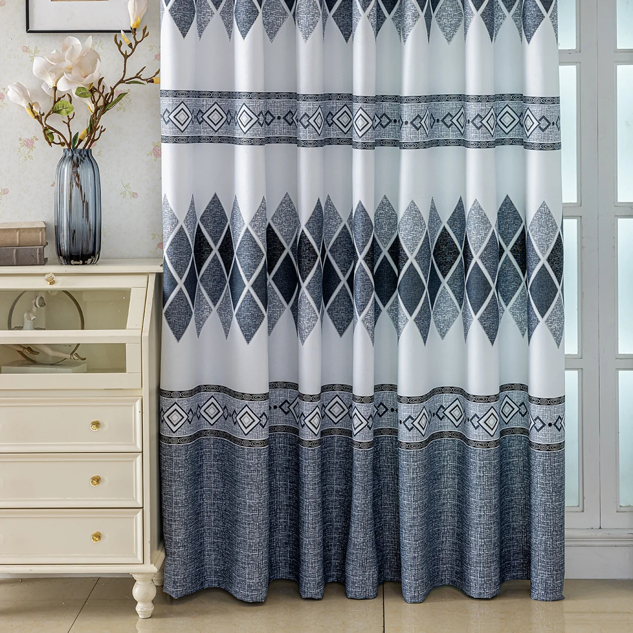 1 panel Nordic-style fashion diamond jacquard blackout curtain, top ring hanging, suitable for living room, bedroom, balcony, ki