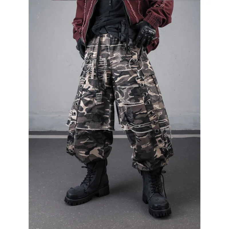 HKSH Unique American Heavy Safari Style Ribbons Metal Rings Faux Two-Piece Ripped Wide-Leg Streetwear Dance Cargo Pants HK26987 view 4