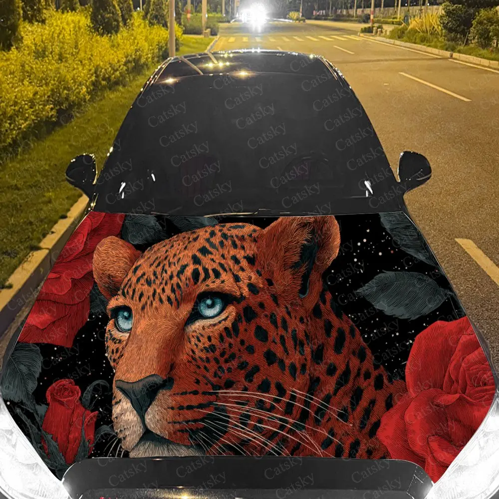 Car Decal Red Rose-Surrounded Leopard with Textural Artistic Fusion, Evoking a Bold Exotic-Gothic Vibe Car Hood Sticker, Waterpr