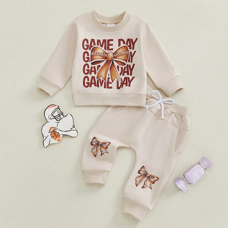 Infant Toddler Girls Fall Outfits Bow Letter Pattern Long Sleeve Crew Neck Sweatshirts with Pants 2 Pcs Set