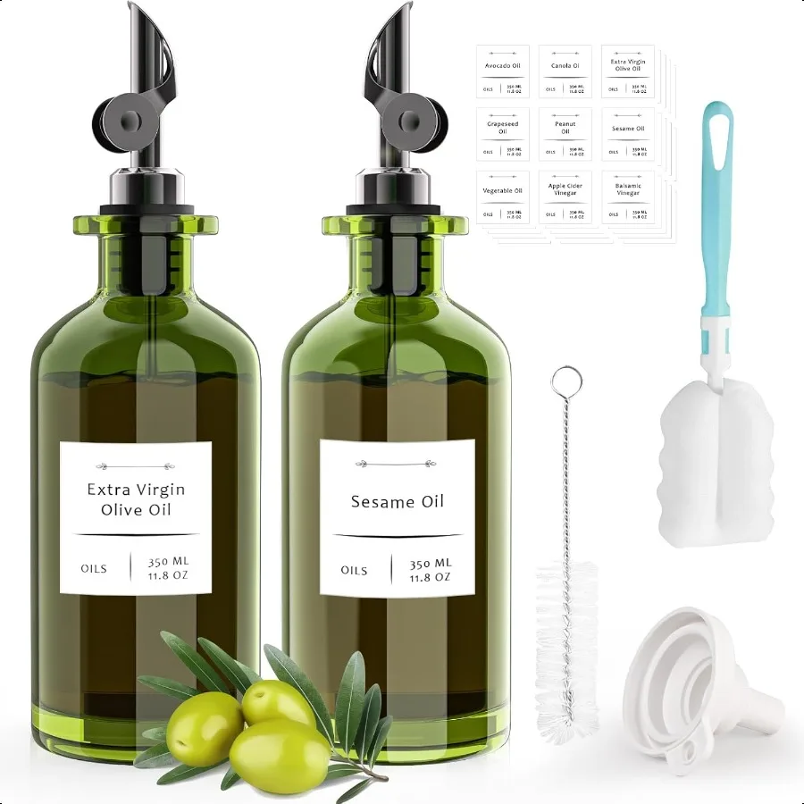 Dispensador de aceite para cocina, 12oz, 350ml, juego de 2 botellas dispensadoras de aceite de oliva de vidrio de grado alimenticio extra grueso con cepillo de limpieza en barra