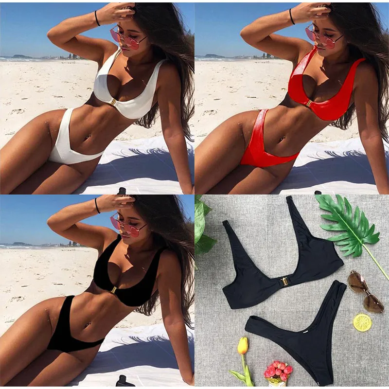 Conjunto de Bikini Sexy de Cintura Baja con Tanga en V, Traje de Baño de Color Sólido para Mujer, Ropa de Playa para Vacaciones de Verano
