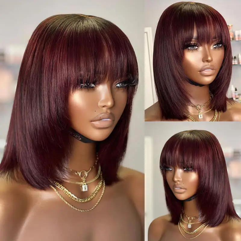 99J Short Straight Bob Wig With Bangs Vietnamese Dark Red Colored Glueless Straight Raw Human Hair Double Drawn Bob Wigs On Sale - Image 4
