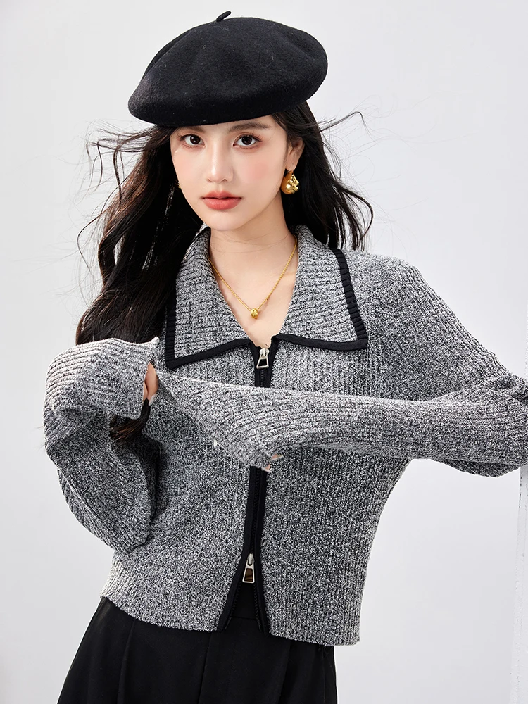 

Spicy Girl Contrast Color Double Zipper Lapel Knitted Cardigan Women Slim Fit Tops Design Sense Niche Long Sleeve Sweater