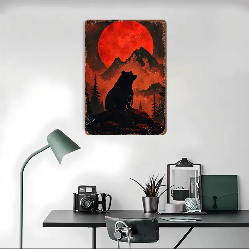 Bären-Silhouette unter rotem Mond, Metallposter, Metallschilder, Wandkunst, Garage, Dekorationen für Zuhause, individuelles Blechschild für Heimdekoration